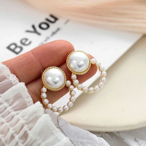 Gold white pearl earrings dainty casual or formal hoop stud small 💖2/$30 - Picture 9 of 14